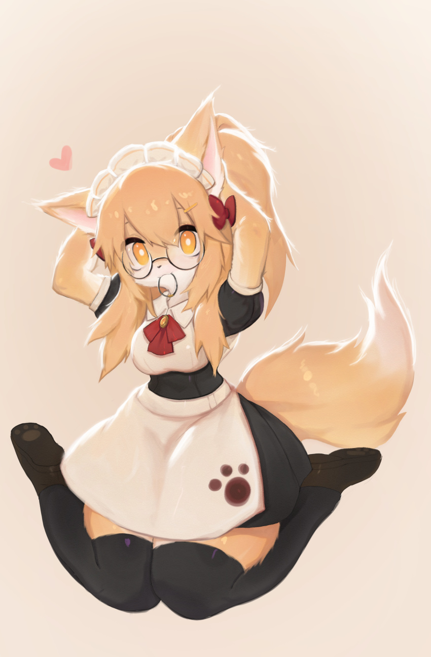 &lt;3 2022 absurd_res accessory anthro breasts canid canine clothed clothing dipstick_tail female footprint footwear fox fur hair hair_accessory hair_bow hair_ribbon hair_tie happy hi_res kemono legwear looking_at_viewer maid_apron maid_headdress maid_uniform mammal markings multicolored_body multicolored_fur multicolored_tail object_in_mouth pawprint pink_inner_ear ponytail ribbons shoes sitting smile smiling_at_viewer soda_uyu solo tail_markings tan_body tan_fur tan_hair thigh_highs two_tone_body two_tone_fur uniform wariza white_body white_fur yellow_eyes