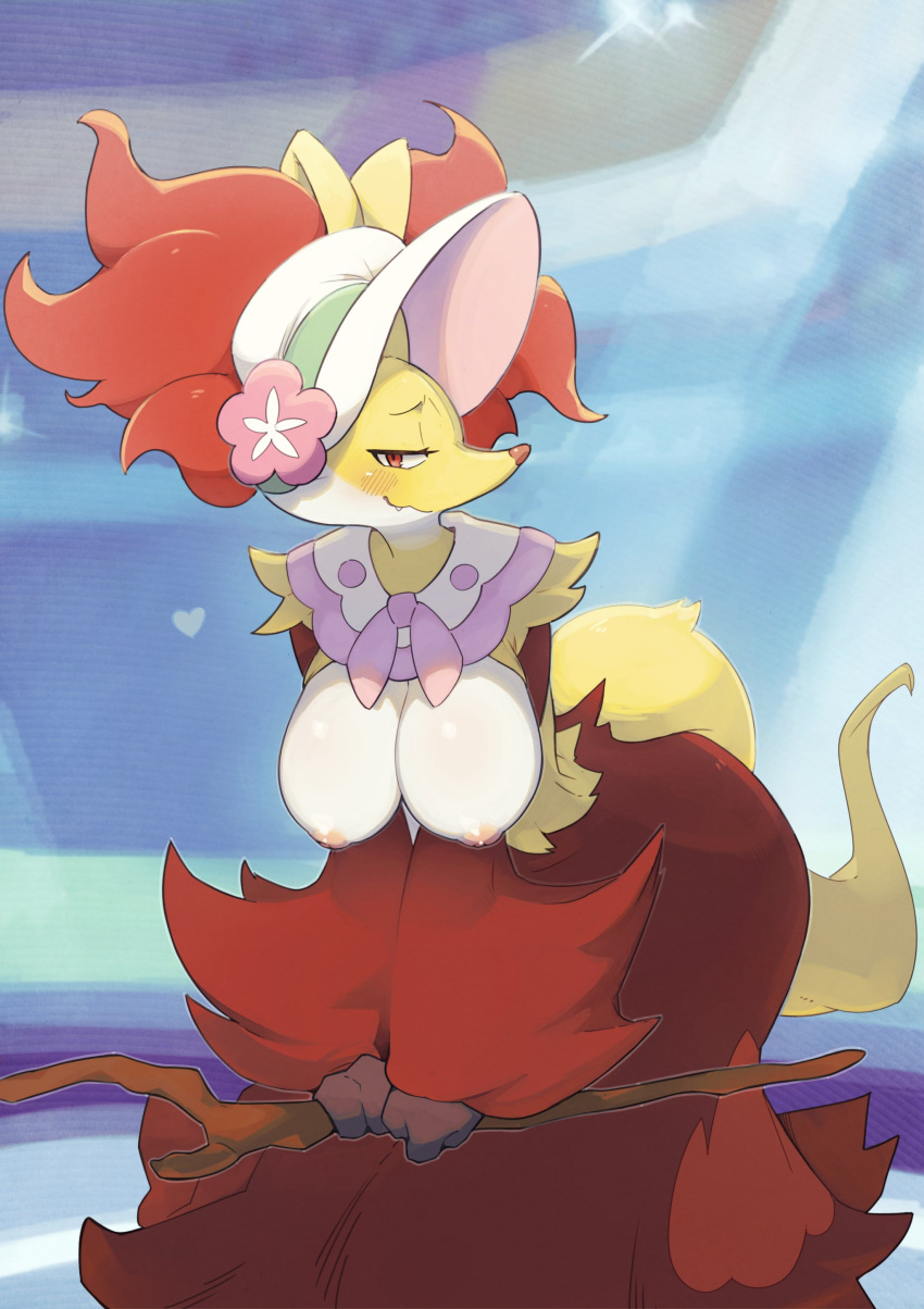 &lt;3 2022 absurd_res anthro areola bedroom_eyes big_breasts big_ears biped blush bow_tie breasts canid clothed clothing cosplay curvy_figure delphox digital_media_(artwork) dodudoru fashionable_style_gardevoir female flower front_view fur glistening glistening_body half-closed_eyes hanging_breasts hat headgear headwear hi_res inner_ear_fluff leaning leaning_forward looking_at_viewer mammal mature_anthro mature_female narrowed_eyes nintendo nipples plant pok&eacute;mon pok&eacute;mon_(species) pokemon_unite presenting presenting_breasts puffy_areola red_body red_eyes red_fur red_nose seductive shaded smile smirk smug snout solo standing stick tuft video_games voluptuous white_body white_fur white_skin wide_hips yellow_body yellow_fur