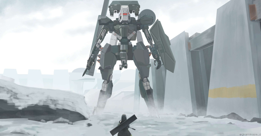 1girl assault_rifle dgkamikaze girls'_frontline gun highres m4_carbine m4a1_(girls'_frontline) mecha metal_gear_(series) metal_gear_solid_v outdoors rifle snow weapon