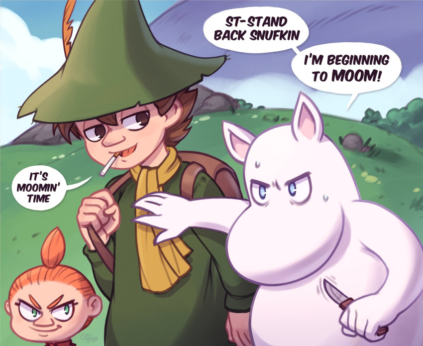 anthro blue_eyes brown_hair cigarette_in_mouth clothing dialogue english_text female goobone grass green_clothing green_hat green_headwear group hair hat headgear headwear hi_res holding_knife holding_object human it's_morbin_time knife little_my male mammal moomin moomintroll outside plant scarf smile snufkin text the_moomins white_body yellow_scarf