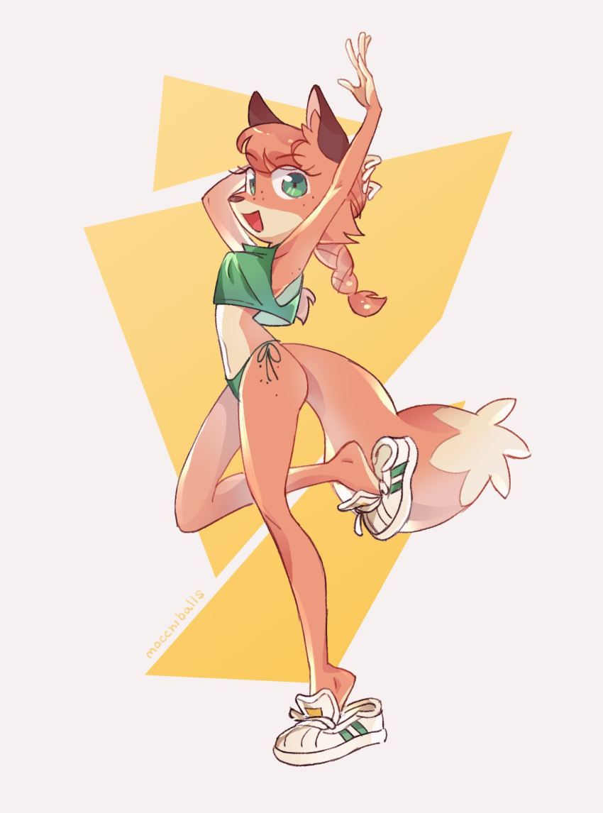 anthro breasts canid canine clothed clothing dipstick_tail female footwear fox freckles fur green_eyes hair hi_res mammal markings navel orange_body orange_fur patricia_mac_sionnach pigtails shoes solo tail_markings tian_(artist) topwear