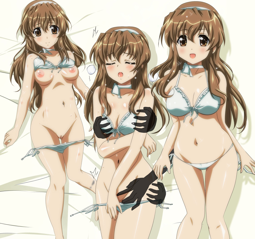 1girl :o ass_grab bikini bikini_lift bikini_pull breast_grab brown_eyes brown_hair bruise closed_eyes clothes_lift clothes_pull gentoku grabbing grabbing_another's_ass grabbing_from_behind groin groping hairband highres injury jpeg_artifacts long_hair looking_at_viewer nipples nogizaka_haruka nogizaka_haruka_no_himitsu open_mouth pussy side-tie_bikini smile solo_focus swimsuit white_bikini