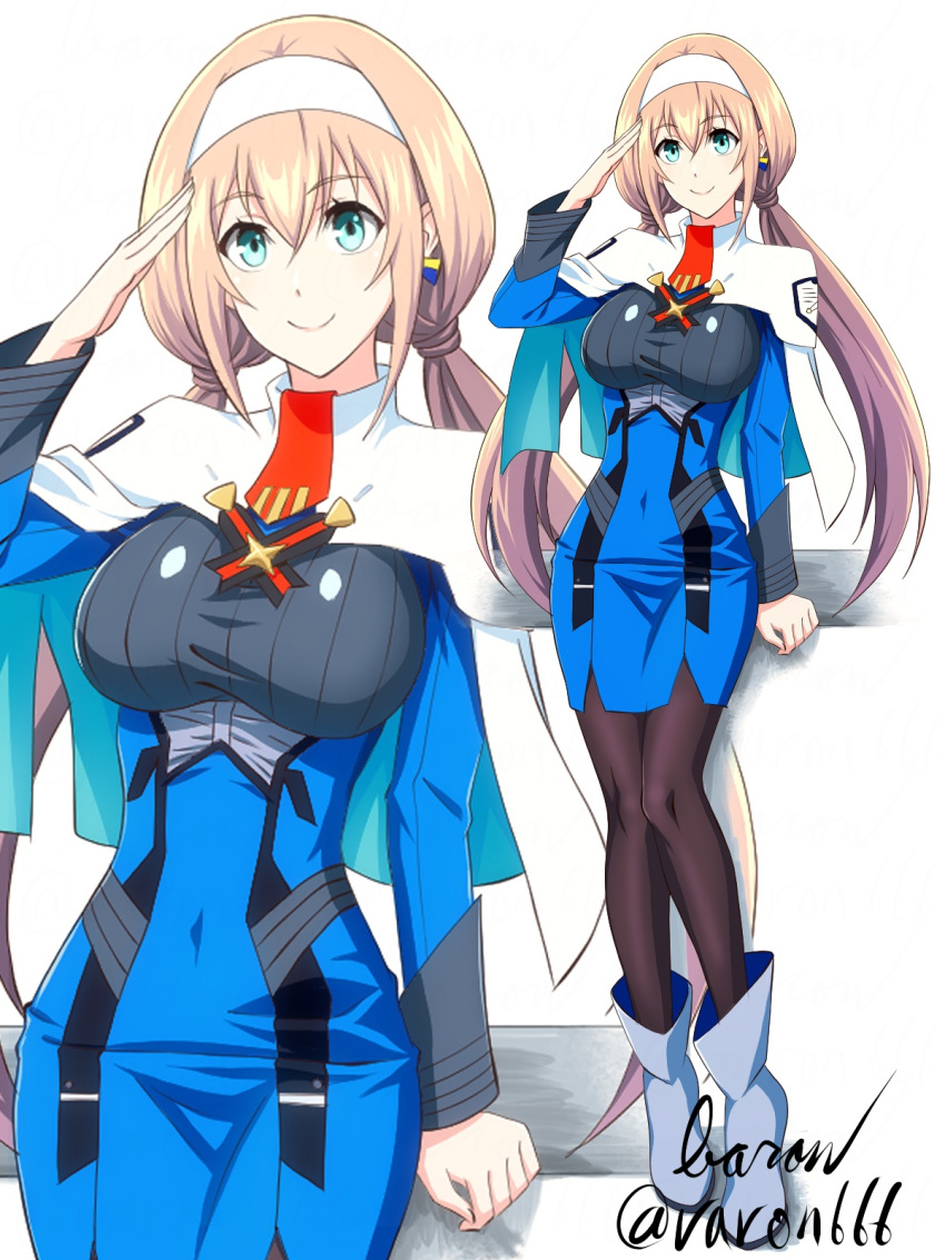 1girl aqua_eyes artist_name baron_(varon666) black_legwear blonde_hair blue_dress breasts capelet dress earrings full_body grey_footwear hair_behind_ear hairband highres jewelry large_breasts long_hair long_sleeves looking_at_viewer low_twintails military military_uniform mitsuba_greyvalley neck_ribbon necktie red_necktie ribbon salute single_earring smile solo super_robot_wars super_robot_wars_30 triangle_earrings twintails uniform very_long_hair white_capelet white_hairband zoom_layer