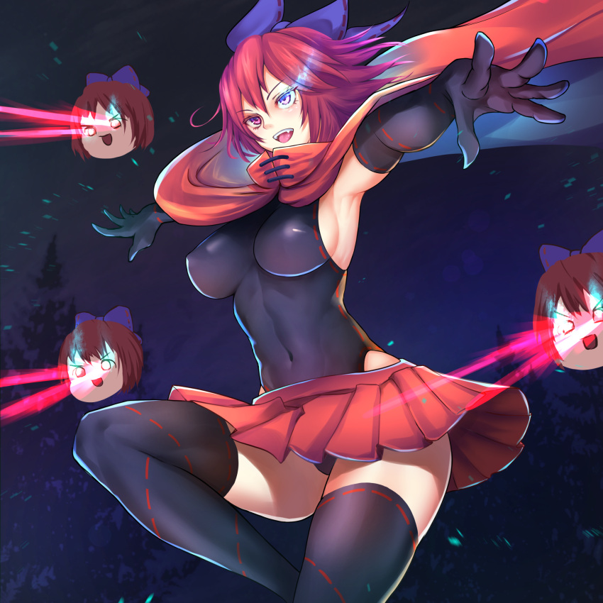 1girl :d armpits black_legwear blank_eyes bow breasts cape covered_navel covered_nipples disembodied_head eye_beam feet_out_of_frame gloves glowing glowing_eyes hair_bow highres leotard night night_sky open_mouth outdoors puck100ml red_hair red_skirt sekibanki short_hair skirt sky smile solo thighhighs touhou