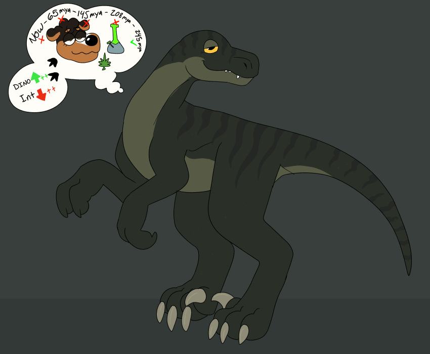 absurd_res after_transformation anthro canid canine canis claws dinosaur dobermann domestic_dog dromaeosaurid drugs feral hi_res intelligence_loss male mammal marijuana mastiff molosser pinscher reptile rottweiler scalie simple_background solo sstinkies theropod thought_bubble transformation velociraptor