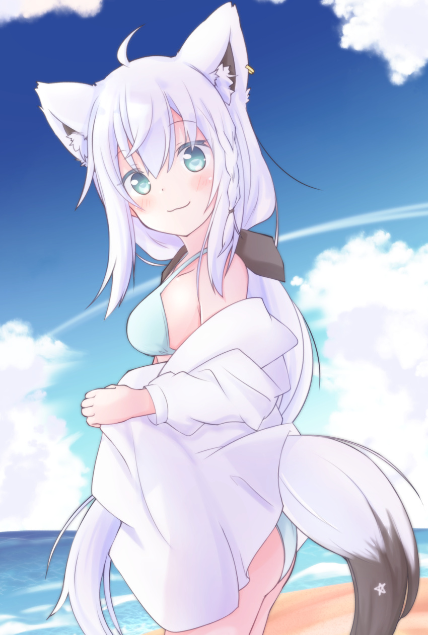 1girl absurdres ahoge animal_ear_fluff animal_ears beach bikini black_bow blue_bikini blush bow breasts chinoru cloud cloudy_sky commentary_request day earrings eyebrows_visible_through_hair fox_ears fox_girl fox_tail green_eyes hair_between_eyes hair_bow highres hololive jewelry looking_at_viewer looking_to_the_side ocean open_clothes open_shirt outdoors pentagram shirakami_fubuki shirt sky small_breasts smile solo swimsuit tail virtual_youtuber white_hair white_shirt