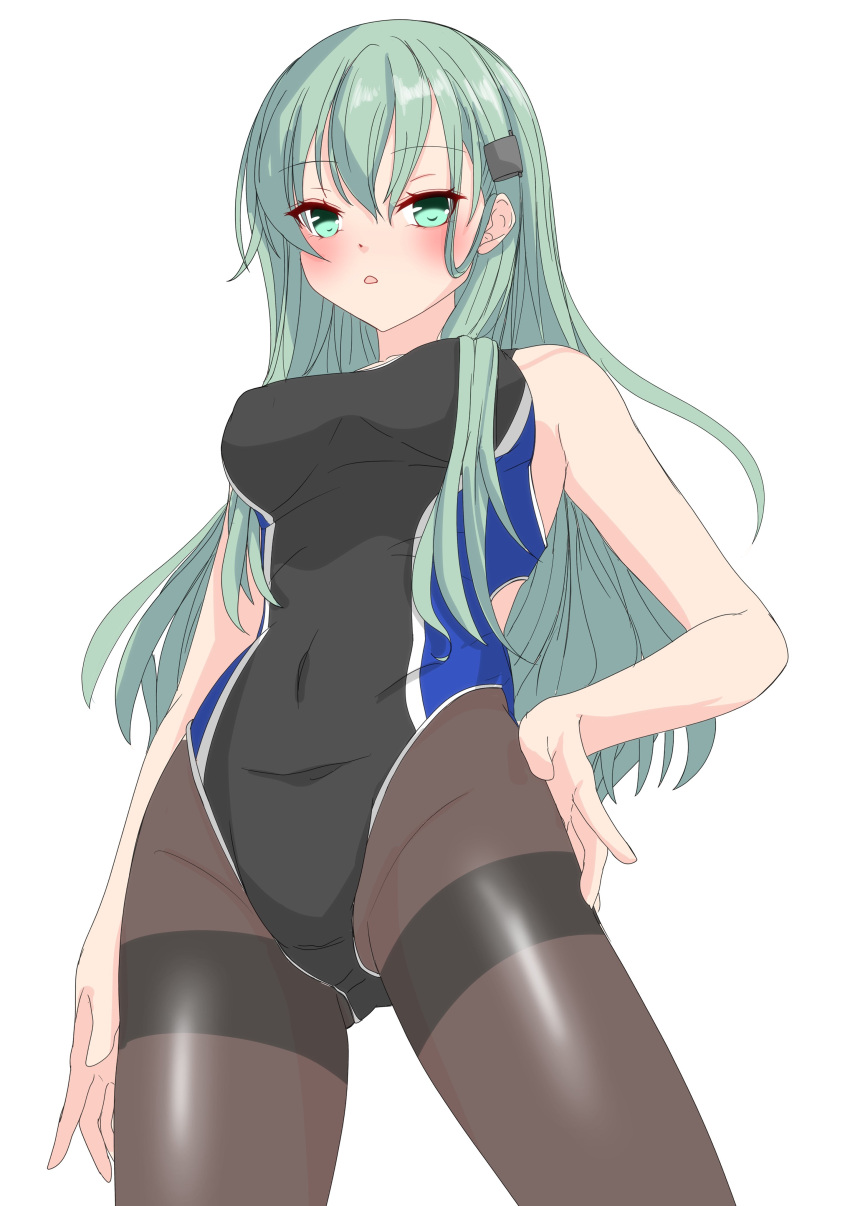 1girl :o absurdres alternate_costume aqua_eyes aqua_hair ass_visible_through_thighs black_legwear black_swimsuit blue_swimsuit blush breasts covered_navel cowboy_shot eyebrows_visible_through_hair from_below hair_between_eyes hair_ornament hairclip highres kantai_collection long_hair looking_down medium_breasts nitamako_(sakamalh) open_mouth pantyhose pantyhose_under_swimsuit simple_background solo suzuya_(kancolle) swimsuit thighband_pantyhose two-tone_swimsuit white_background