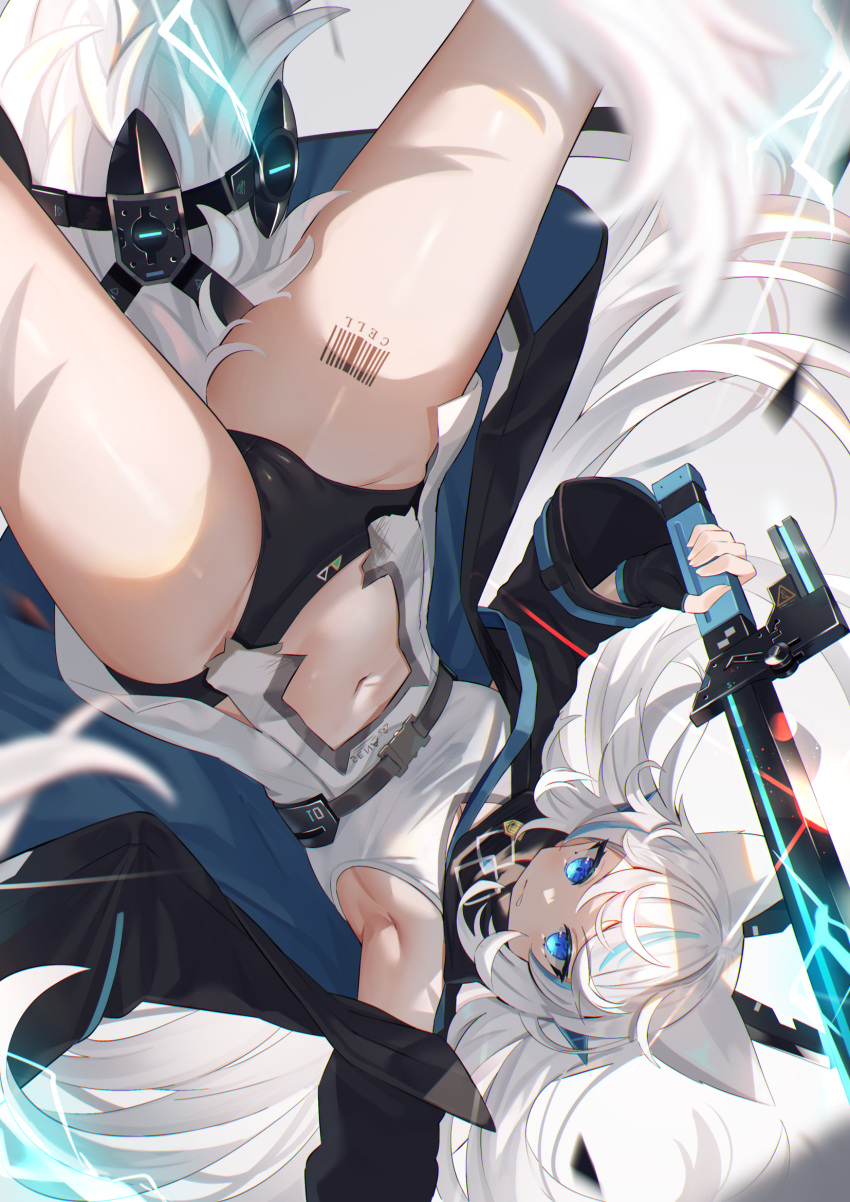 1girl animal_ears arm_up armpits barcode barcode_tattoo black_gloves black_jacket black_panties blue_eyes breasts cameltoe clothing_cutout fingerless_gloves fox_ears fox_girl fox_tail gloves highres holding holding_sword holding_weapon jacket long_hair looking_at_viewer medium_breasts mirufuaa navel open_clothes open_jacket original panties shirt sleeveless sleeveless_shirt solo stomach stomach_cutout sword tail tattoo thighs underwear upside-down very_long_hair weapon white_hair white_shirt