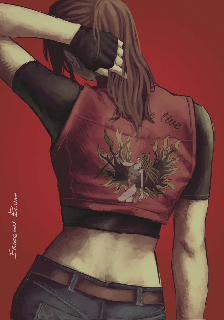 1girl belt brown_hair claire_redfield clothes_writing crop_top cropped_jacket denim english_commentary ericson_blum fingerless_gloves gloves highres jacket jeans medium_hair midriff pants ponytail red_background red_jacket resident_evil resident_evil_2 resident_evil_code:_veronica shirt solo t-shirt