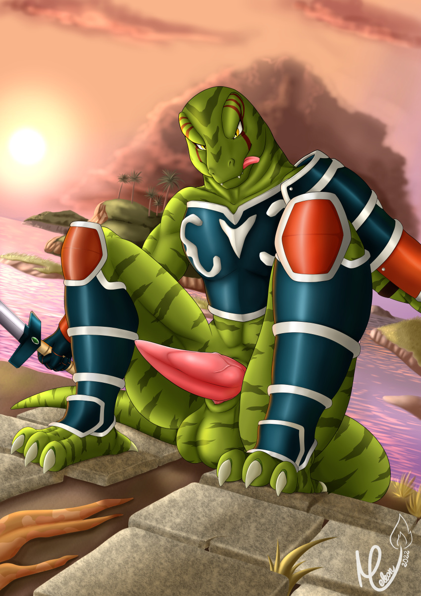 absurd_res animal_genitalia animal_penis anthro armor balls beach big_penis claws cloud countershade_torso countershading erection feet genitals green_body hi_res island lizard lizardman lizardman_(soul_calibur) male melee_weapon meleon muscular muscular_male paws penis reptile scalie sea seaside solo soul_calibur sword tapering_penis tongue tongue_out vein veiny_penis video_games water weapon yellow_eyes