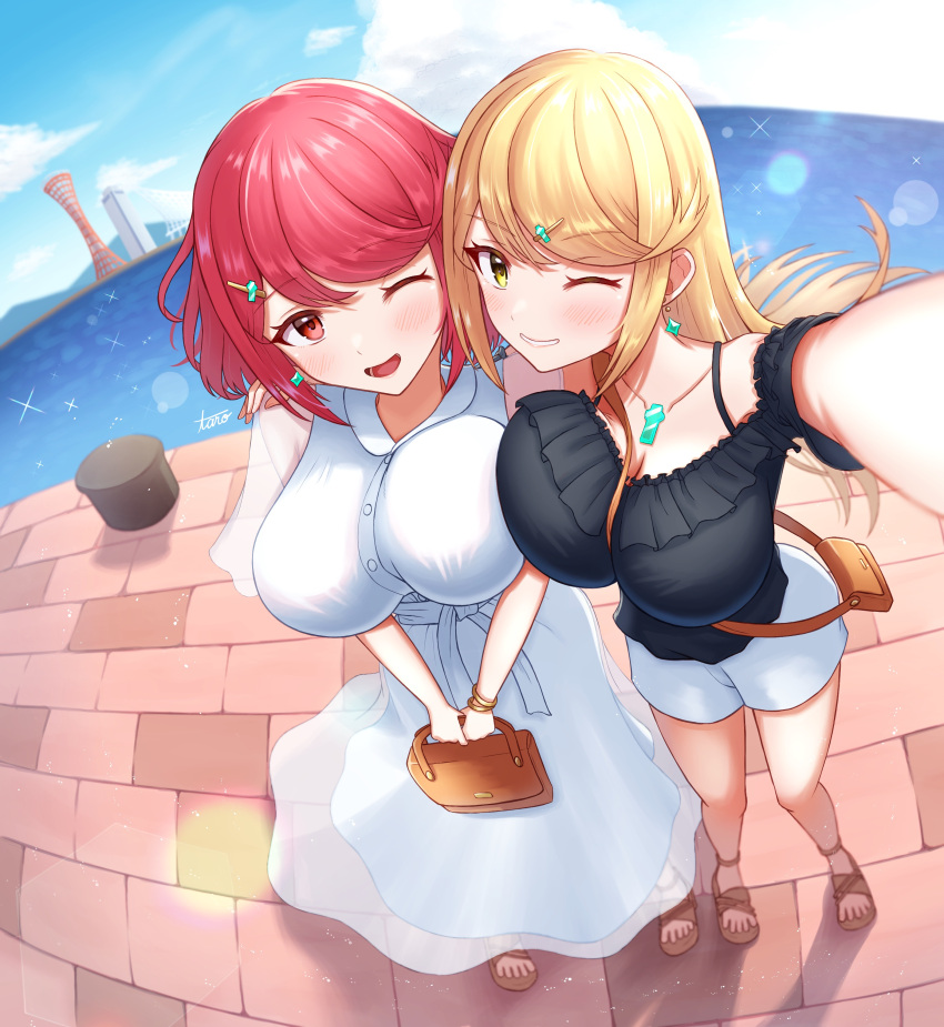 2girls absurdres alternate_costume bag bangs bare_arms black_shirt blonde_hair breasts chest_jewel dress earrings hair_ornament handbag highres jewelry large_breasts long_hair multiple_girls mythra_(xenoblade) ocean off-shoulder_shirt off_shoulder pyra_(xenoblade) red_eyes red_hair satchel shirt short_hair shorts sleeveless swept_bangs taro_(peach_taro51) very_long_hair white_dress white_shorts xenoblade_chronicles_(series) xenoblade_chronicles_2 yellow_eyes