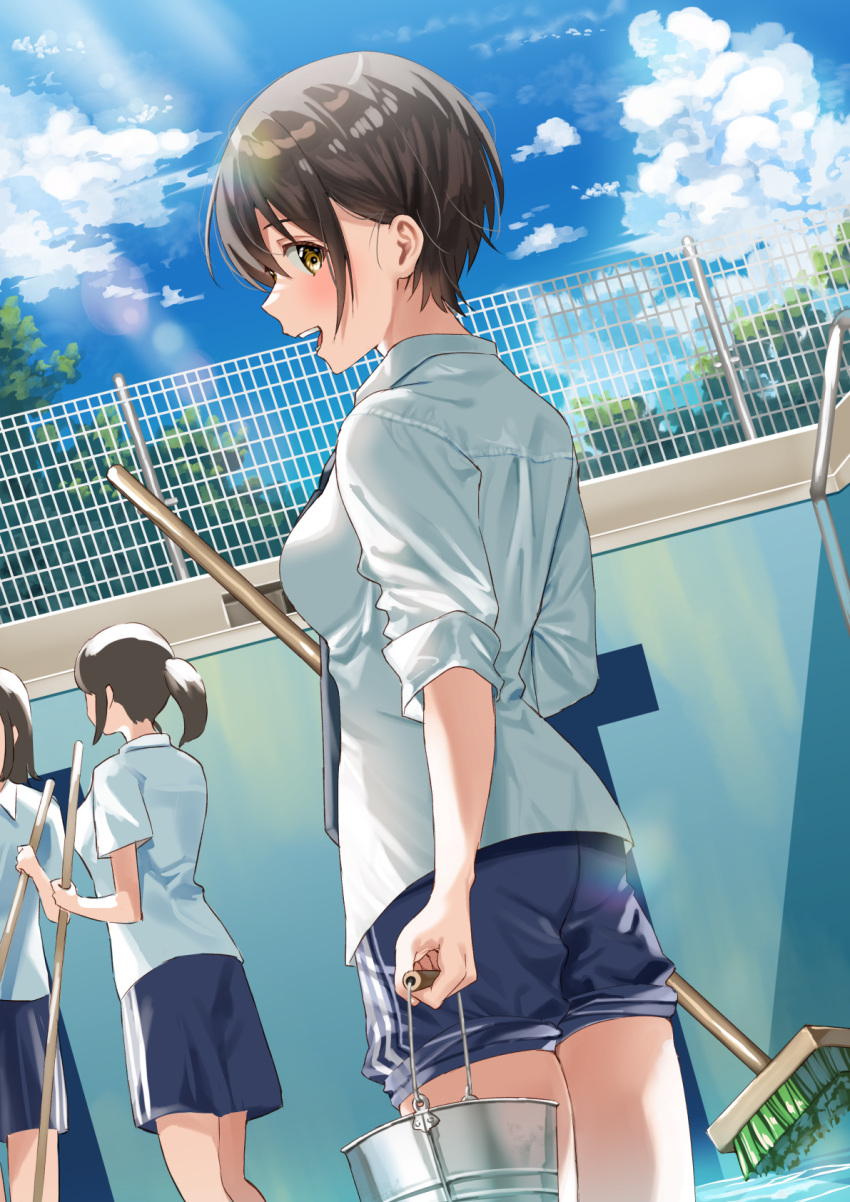 3girls :d blouse blue_pants blush broom brown_eyes brown_hair bucket collared_shirt cowboy_shot empty_pool from_side highres holding holding_broom holding_bucket kukiha looking_to_the_side multiple_girls original pants ponytail pool shirt short_hair short_sleeves sleeves_rolled_up smile solo_focus track_pants white_shirt