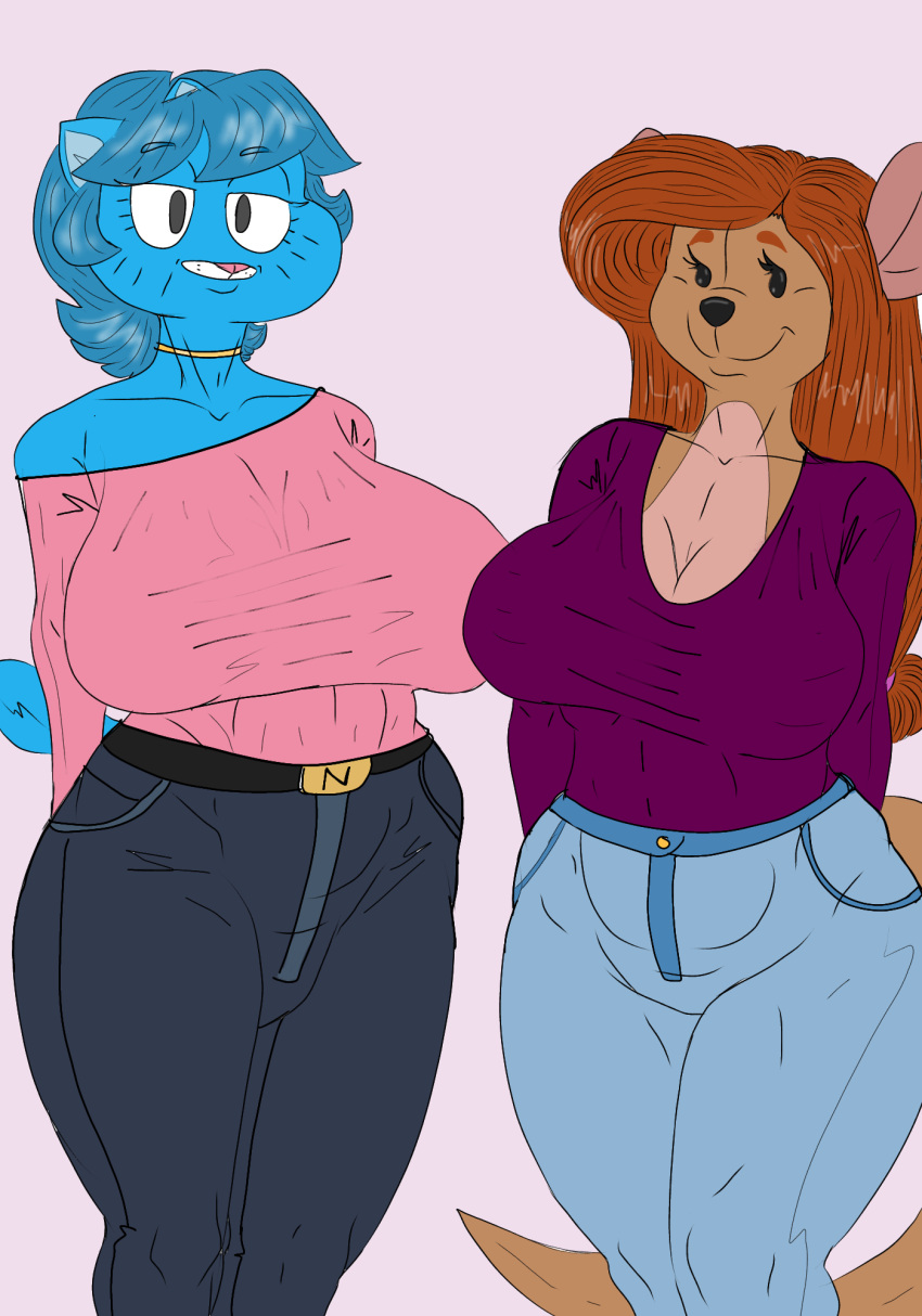 anthro big_breasts breasts cartoon_network clothing digital_drawing_(artwork) digital_media_(artwork) disney duo felid female female/female hi_res kanga kangaroo macropod mammal marsupial mature_female nicole_watterson the_amazing_world_of_gumball thick_thighs void_lord winnie_the_pooh_(franchise)