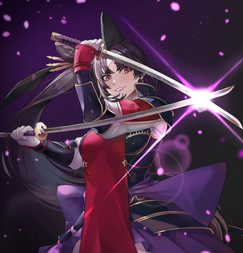 1girl armor black_hair black_headwear dual_wielding fate/grand_order fate_(series) highres holding holding_sword holding_weapon long_hair looking_at_viewer mentaikopan side_ponytail solo sword taira_no_kagekiyo_(fate) ushiwakamaru_(fate) very_long_hair weapon