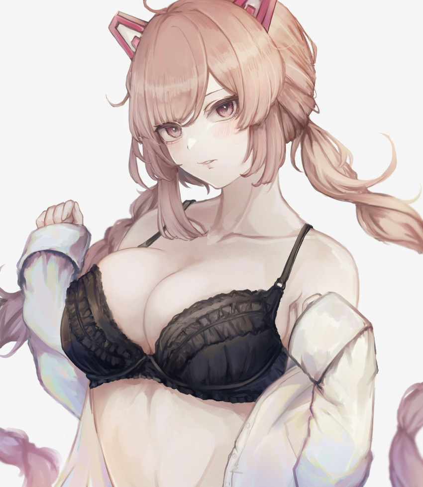 1girl black_bra blush bra breasts cleavage clothes_pull collarbone headgear highres large_breasts last_origin looking_at_viewer miho_(last_origin) nemuneeeeeeeemu open_clothes open_shirt pink_eyes pink_hair shirt shirt_pull simple_background sleeves_past_wrists solo twintails underwear upper_body white_background white_shirt