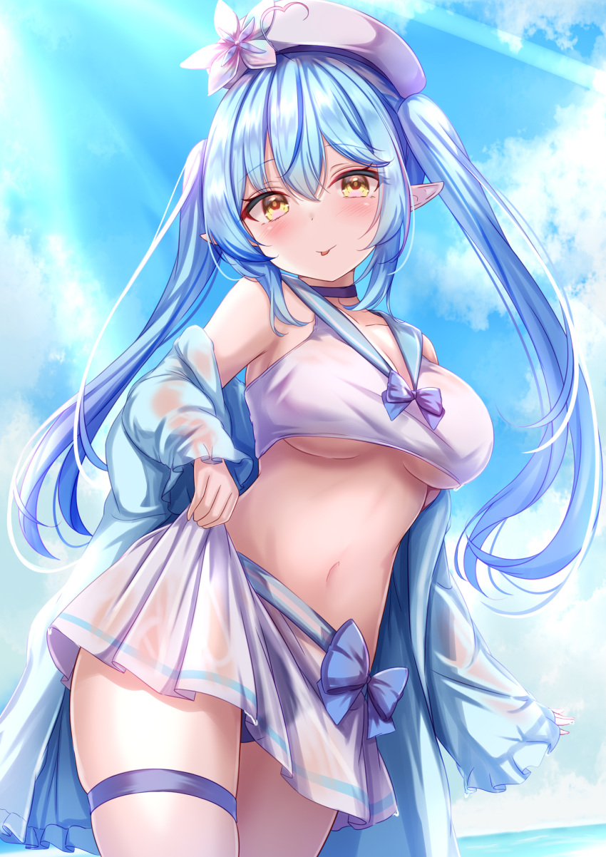 1girl :p ahoge bangs bikini bikini_under_clothes blue_bow blue_choker blue_hair blue_jacket blue_sailor_collar blush bow breasts choker crop_top elf flower hair_between_eyes hat hat_flower heart heart_ahoge highres hololive jacket large_breasts long_hair long_sleeves navel off_shoulder open_clothes open_jacket pleated_skirt pointy_ears sailor_collar see-through skirt solo stomach swimsuit thigh_strap tongue tongue_out twintails underboob virtual_youtuber white_flower white_headwear white_skirt yellow_eyes yuano yukihana_lamy