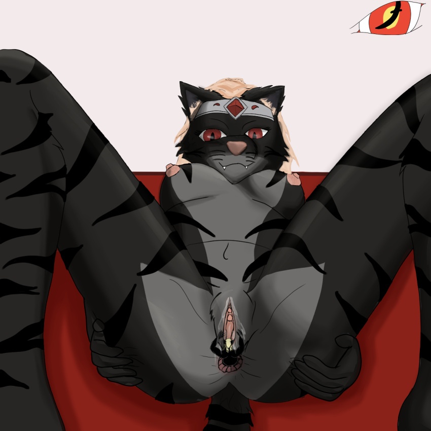 anal anal_vore anthro bed bethesda_softworks black_furr blackreaper blackreaper_bk201 duo felid female furniture genitals hi_res khajiit macro male male/female mammal micro micro_macro micro_on_macro nippel nude pussy red_eyes size_difference smile spread_legs spreading the_elder_scrolls video_games vore