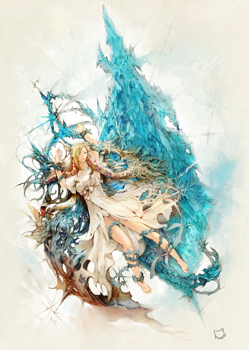 1girl absurdres arms_up bangs barefoot blonde_hair bound bound_arms bound_legs bow braid closed_eyes crystal dress dress_bow facing_viewer final_fantasy final_fantasy_xiv full_body hair_ribbon hatching_(texture) highres hyur long_hair minfilia_warde mogi_yuusuke official_art ribbon signature solo swept_bangs tied_up_(nonsexual) torn_clothes torn_dress twin_braids white_dress yellow_background
