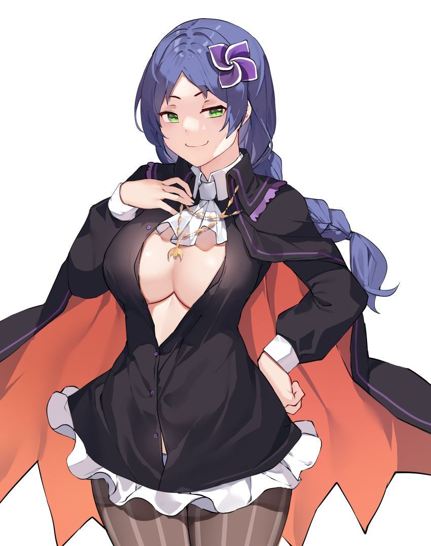 1girl absurdres black_cloak black_shirt blue_hair braid breasts button_gap cleavage cleavage_cutout cloak clothing_cutout commission green_eyes hand_on_hip hand_on_own_chest highres jewelry large_breasts long_hair looking_at_viewer meili_portroute necklace older open_clothes open_shirt panties re:zero_kara_hajimeru_isekai_seikatsu second-party_source shirt single_braid skirt smug solo striped striped_legwear thick_thighs thighs underwear vierzeck white_skirt