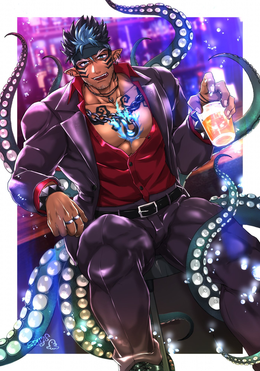 1boy alcohol bar bara beard belt black_hair blue_eyes blue_fire border bracelet chest_tattoo cup dark-skinned_male dark_skin ear_piercing facial_hair facial_tattoo fangs fangs_out feet_out_of_frame fire flame full_body goatee headband highres holding holding_cup impossible_pants jewelry large_pectorals licking_lips male_focus multicolored_hair multiple_rings muscular muscular_male official_alternate_costume open_clothes open_mouth open_shirt outside_border pants pectorals piercing pointy_ears purple_pants purple_vest red_shirt ring shirt short_hair smile solo tangaroa_(housamo) tangaroa_mugen_(housamo) tattoo tentacles thighs tokyo_afterschool_summoners tongue tongue_out two-tone_hair vest white_border yanai_inaya