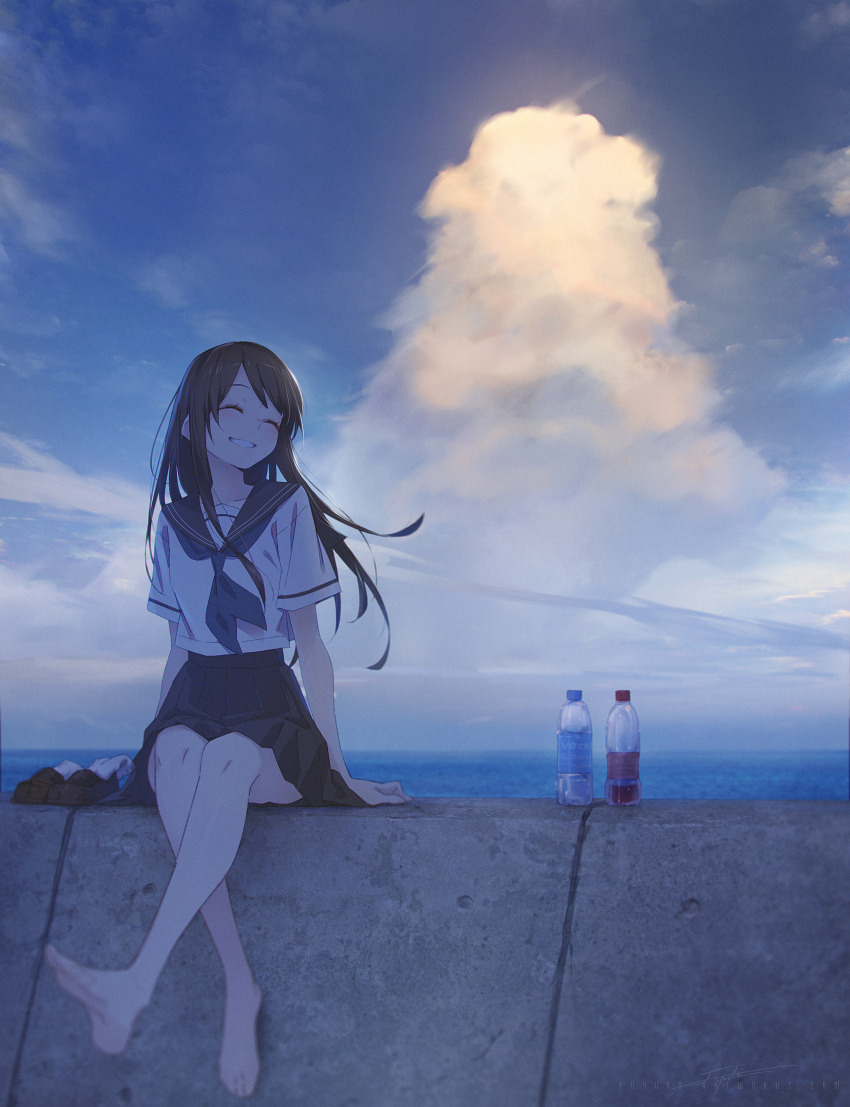 1girl ^_^ absurdres barefoot black_hair black_sailor_collar black_skirt blue_neckerchief blue_sky bottle brown_footwear closed_eyes cloud commentary_request day fuyuno_yuuki grin highres horizon loafers long_hair neckerchief ocean original outdoors pleated_skirt sailor_collar school_uniform serafuku shirt shoes shoes_removed short_sleeves sitting skirt sky smile socks socks_removed solo very_long_hair water white_legwear white_shirt