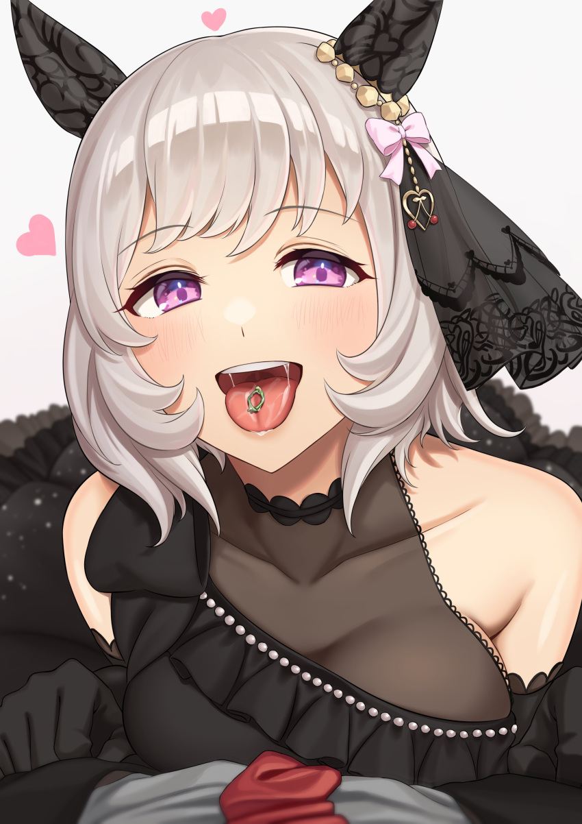 1boy 1girl absurdres animal_ears bangs black_dress blush breast_press breasts cherry_stem_knot curren_chan_(umamusume) dress eyebrows_visible_through_hair food heart highres horse_ears horse_girl inuyabu_cc large_breasts long_hair looking_at_viewer open_mouth saliva smile tongue tongue_out umamusume