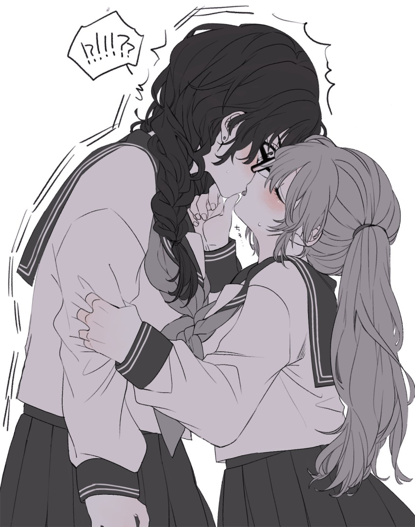 2girls amane_(7783) arm_grab bent_over black_hair blush braid brown_hair closed_eyes earrings french_braid french_kiss glasses height_difference highres jewelry kiss monochrome multiple_girls original school_uniform surprise_kiss surprised twintails yuri
