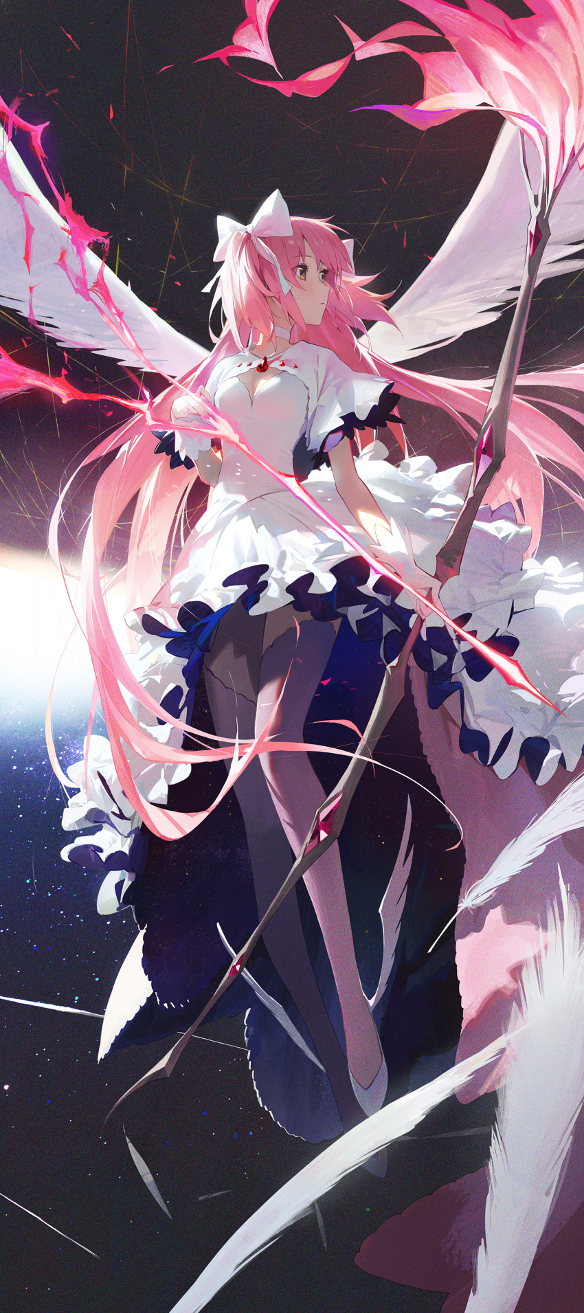 1girl absurdres angel_wings arrow_(projectile) bangs bow bow_(weapon) breasts brown_eyes capelet choker cleavage drawing_bow dress energy_arrow falling_feathers feathered_wings feathers flying full_body gloves hair_between_eyes hair_bow highres holding holding_arrow holding_bow_(weapon) holding_weapon kaname_madoka leg_wings long_hair looking_away looking_to_the_side mahou_shoujo_madoka_magica modare pink_hair shoes short_sleeves solo star_(sky) thighhighs two_side_up ultimate_madoka very_long_hair weapon white_bow white_capelet white_choker white_dress white_footwear white_gloves white_wings wings wrist_cuffs yellow_eyes