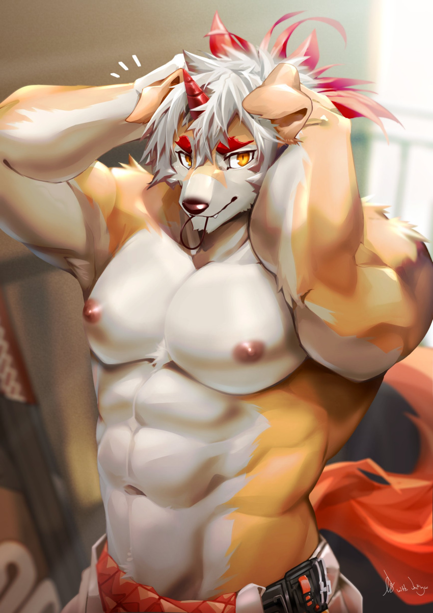 absurd_res anthro arknights black_nose canid canine canis domestic_dog eyebrows fur hair hand_on_head hi_res horn hung_(arknights) hypergryph ig ig1119 looking_at_viewer male mammal multicolored_body multicolored_fur muscular muscular_anthro muscular_male nipples omochi_kuitai orange_body orange_eyes orange_fur pants_only red_eyebrows red_hair red_horn solo studio_montagne two_tone_body two_tone_fur video_games white_body white_fur white_hair