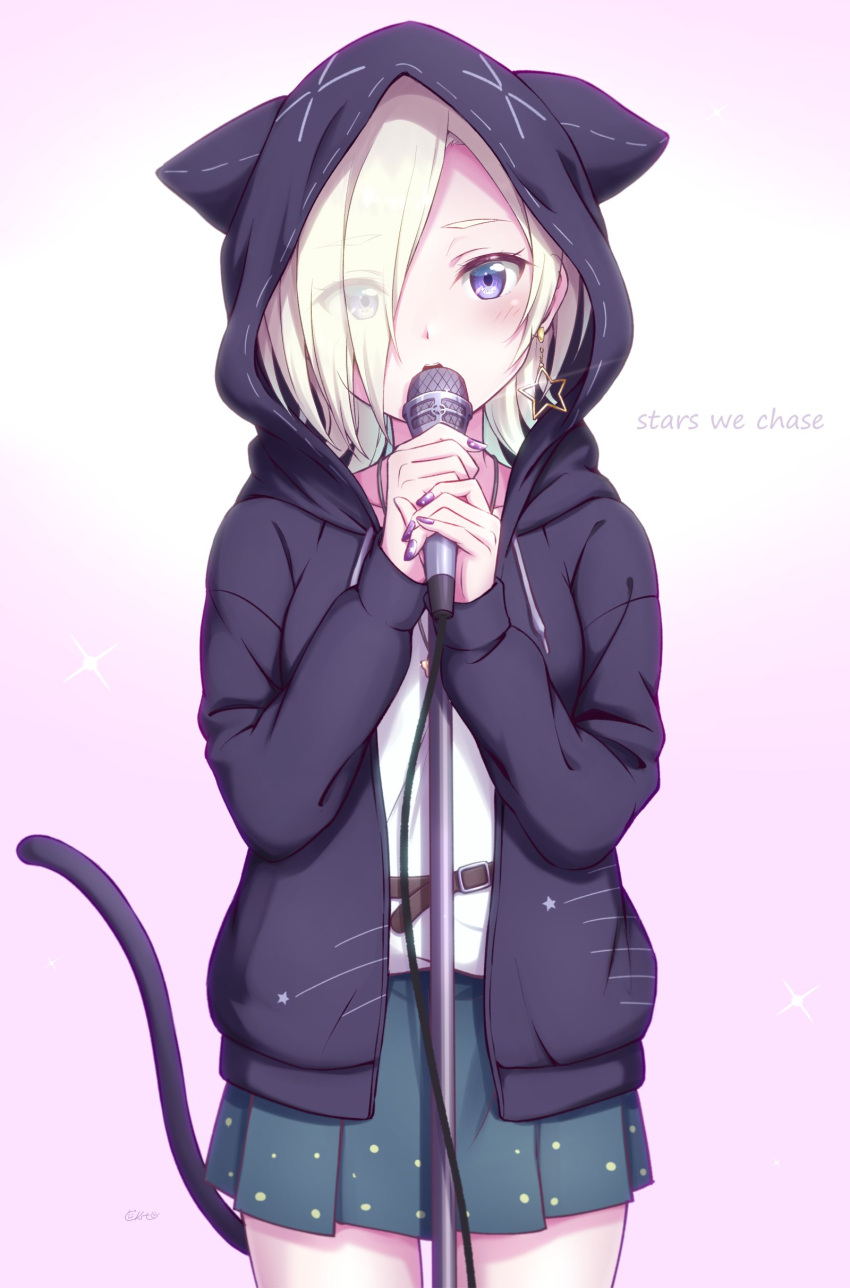 1girl absurdres black_hoodie blonde_hair blush cat_tail ckst collarbone earrings green_skirt hair_over_one_eye highres hood hoodie jewelry love_live! love_live!_nijigasaki_high_school_idol_club mia_taylor necklace one_eye_covered purple_background purple_eyes shirt skirt solo star_(symbol) star_earrings stars_we_chase_(love_live!) tail white_shirt