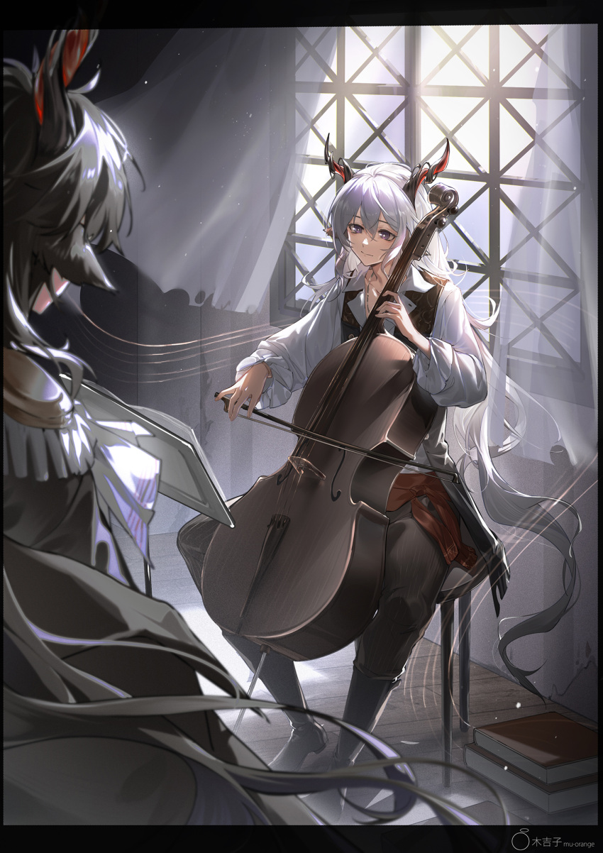 2boys arknights bangs black_hair black_pants black_vest calcite_(arknights) cello check_instrument ebenholz_(arknights) epaulettes grey_eyes hair_between_eyes highres horns indoors instrument long_hair male_focus mujizi multiple_boys music pants playing_instrument smile very_long_hair vest white_hair window