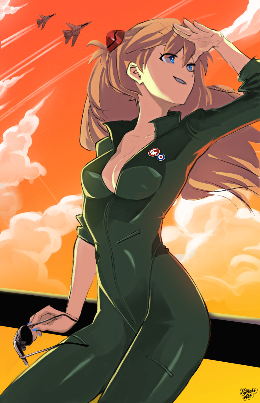 1girl absurdres alternate_costume bangs blue_eyes blue_nails breasts brown_hair cleavage cloud collarbone floating_hair green_jumpsuit hair_between_eyes headgear highres holding holding_eyewear jumpsuit long_hair long_sleeves medium_breasts nail_polish neon_genesis_evangelion open_mouth orange_sky ryness sky solo souryuu_asuka_langley sunglasses top_gun