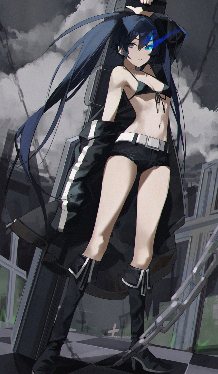 1girl absurdres belt belt_buckle bikini bikini_top_only black_bikini black_footwear black_hair black_rock_shooter black_rock_shooter_(character) black_shorts blue_eyes boots breasts buckle chain checkered_floor cleavage collarbone flaming_eye floating_hair front-tie_bikini front-tie_top gun highres holding holding_gun holding_weapon knee_boots long_hair looking_at_viewer micro_shorts navel parted_lips retty2706 shorts sideboob small_breasts solo standing swimsuit twintails very_long_hair weapon white_belt