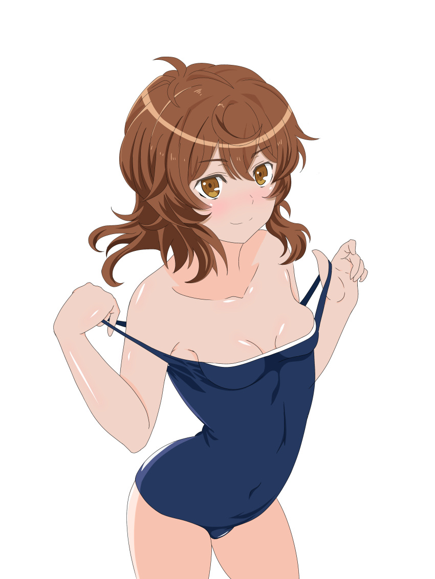 1girl absurdres bangs bare_arms bare_shoulders blue_swimsuit breasts brown_eyes brown_hair cleavage closed_mouth clothes_pull collarbone covered_navel cowboy_shot dungeon_ni_deai_wo_motomeru_no_wa_machigatteiru_darou_ka eyebrows_visible_through_hair hair_between_eyes highres liliruca_arde long_hair papiyon_(papiyon_2726) pulled_by_self school_swimsuit shiny shiny_hair shiny_skin simple_background small_breasts smile solo standing straight_hair swimsuit swimsuit_pull white_background