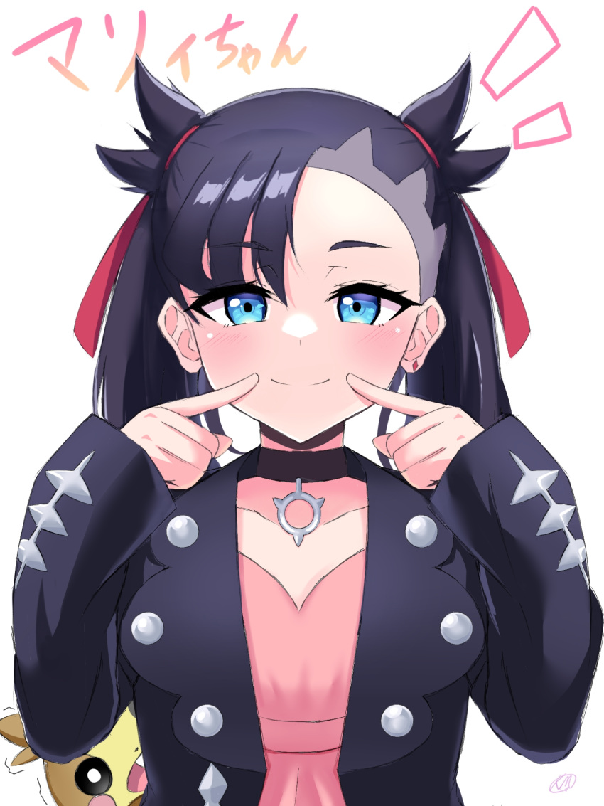 1girl asymmetrical_bangs bangs black_choker black_hair black_jacket blue_eyes blush character_name choker commentary dress earrings eyelashes fingersmile hair_ribbon hands_up highres jacket jewelry kobayashi_macchan looking_at_viewer marnie_(pokemon) medium_hair morpeko morpeko_(full) open_clothes open_jacket pink_dress pokemon pokemon_(creature) pokemon_(game) pokemon_swsh red_ribbon ribbon upper_body white_background