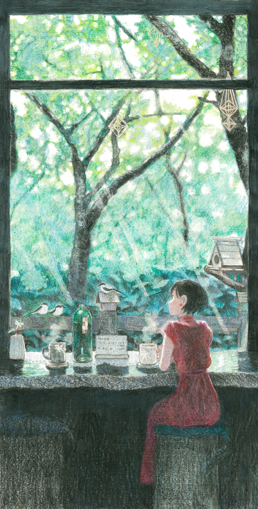 1girl absurdres animal arm_rest backlighting bird birdhouse black_hair bottle cafe closed_mouth colored_pencil_(medium) cup dappled_sunlight day dress drink earrings from_behind from_side fuyuno_kamome hair_behind_ear highres holding holding_cup holding_drink indoors jewelry light_rays light_smile long_dress looking_ahead looking_outside mug original profile red_dress scenery short_hair short_sleeves sitting solo steam stud_earrings sunbeam sunlight table traditional_media tree wide_shot window