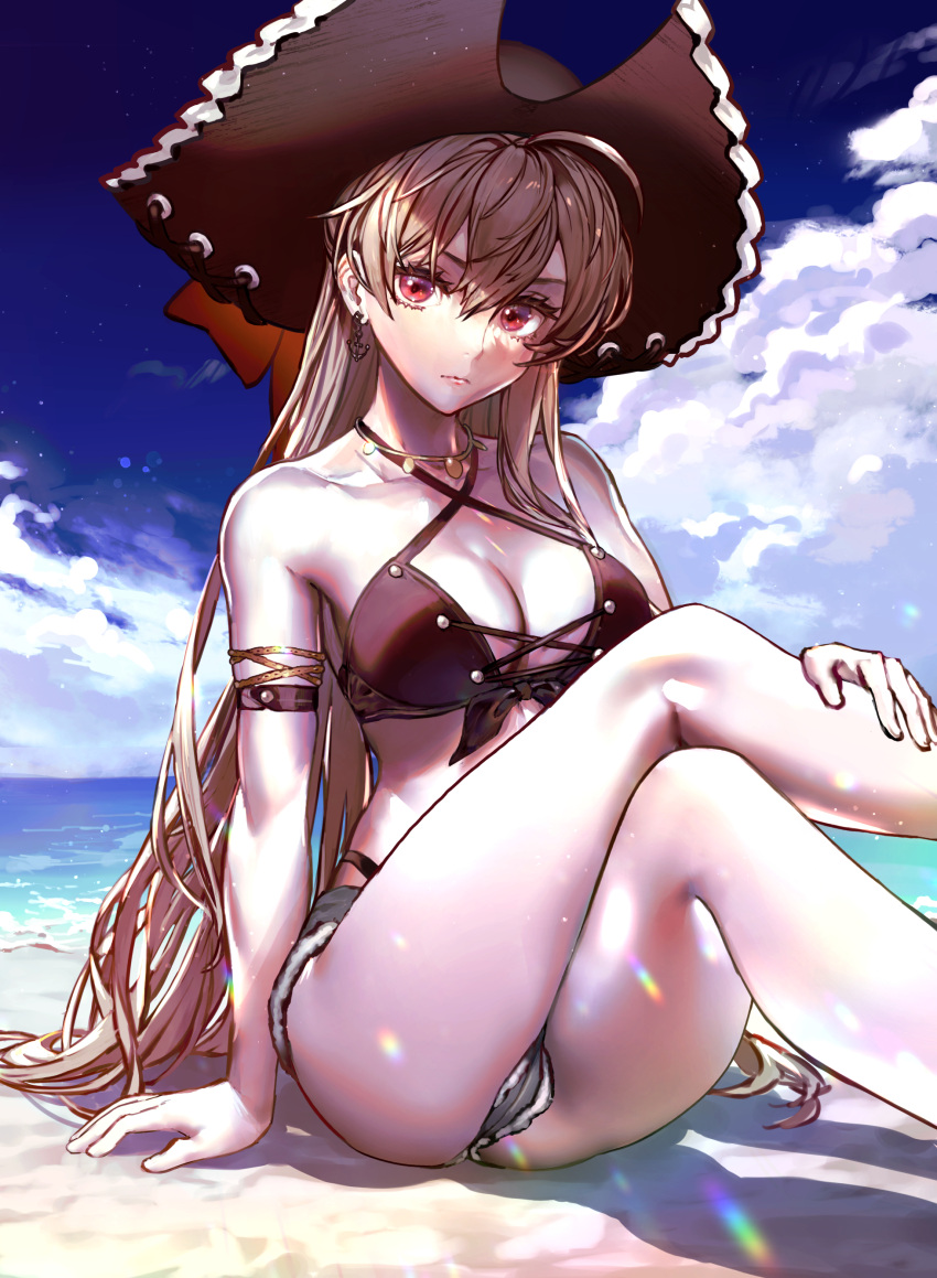 1girl absurdres ahoge arm_support armlet aroddst4 ass azur_lane bare_legs bare_shoulders beach bikini black_bikini breasts brown_hair cleavage closed_mouth collarbone criss-cross_halter crossed_legs cutoffs day denim denim_shorts earrings expressionless front-tie_bikini front-tie_top grey_shorts halter_top halterneck hat highleg highleg_bikini highres jean_bart_(azur_lane) jean_bart_(private_apres_midi)_(azur_lane) jewelry knees_up leg_up long_hair looking_at_viewer medium_breasts micro_shorts necklace official_alternate_costume outdoors pirate_hat red_eyes revision short_shorts shorts sitting solo string_bikini swimsuit thighs v-shaped_eyebrows very_long_hair
