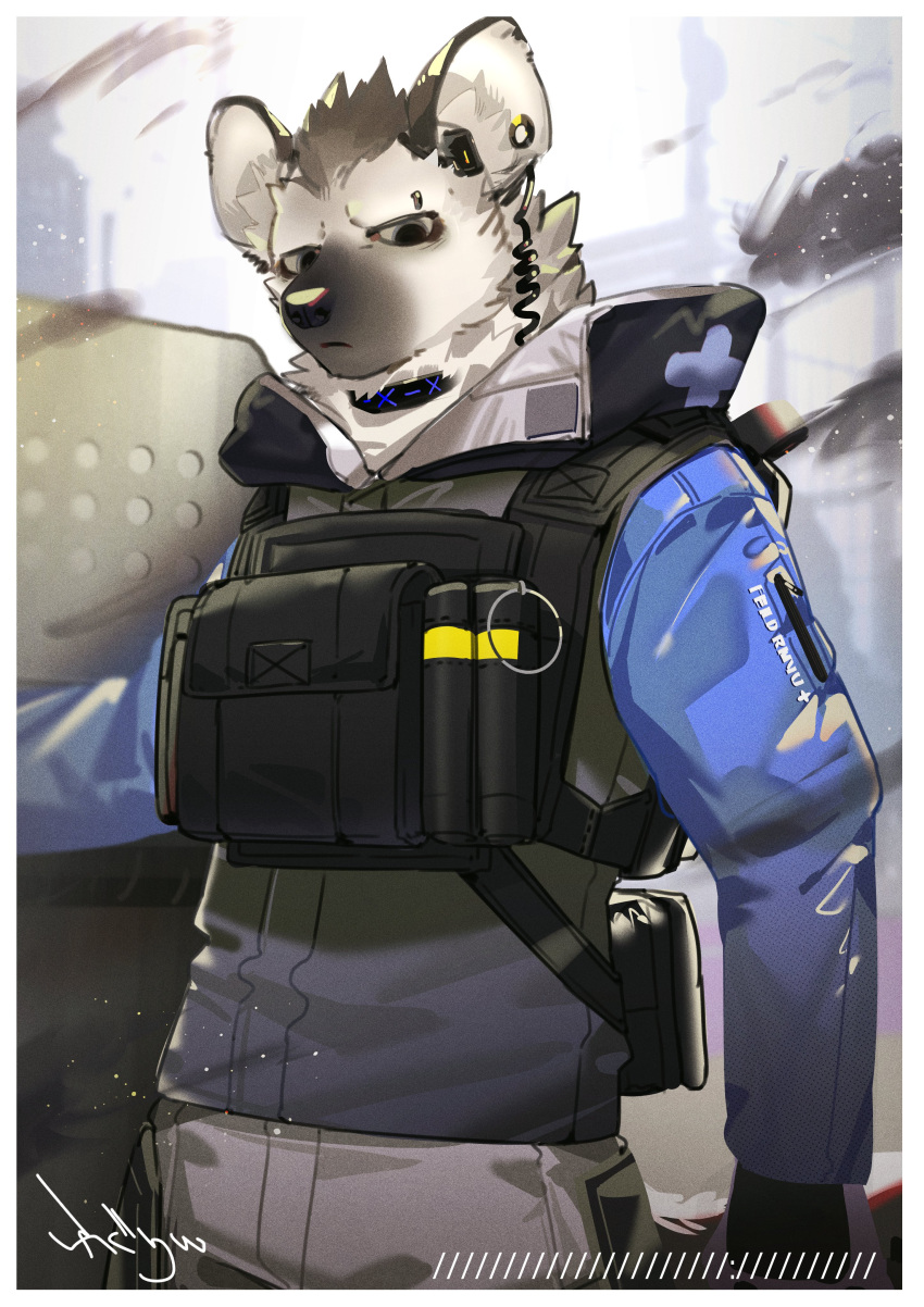 absurd_res anthro arknights black_body black_fur black_hair black_nose blue_clothing blue_jacket blue_topwear clothing collar ear_piercing eyebrow_piercing facial_piercing fur grey_body grey_fur hair half-closed_eyes hi_res hyaenid hypergryph jacket looking_at_viewer male mammal multicolored_body multicolored_fur narrowed_eyes omochi_kuitai piercing riot_shield shield solo spot_(arknights) spotted_hyena studio_montagne topwear two_tone_body two_tone_fur uniform video_games