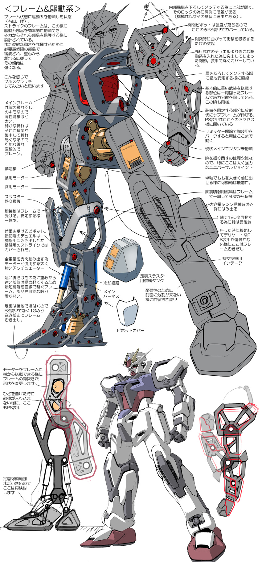 absurdres clenched_hands gundam gundam_seed highres k16_(r_area2019) machinery mecha mobile_suit multiple_views no_humans piston redesign standing strike_gundam translation_request v-fin yellow_eyes