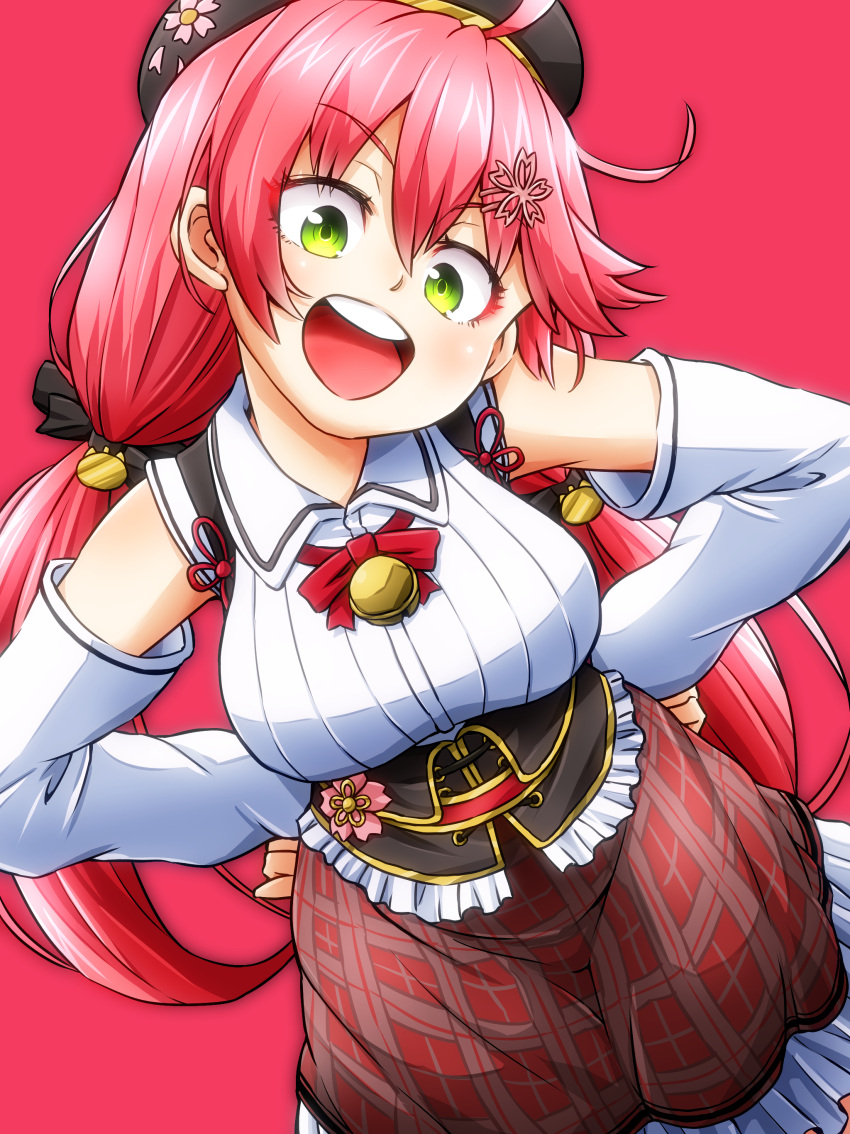 1girl absurdres aono3 beret breasts eyebrows_visible_through_hair hat highres hololive jacket large_breasts long_hair open_mouth pink_hair pleated_skirt red_skirt sakura_miko skirt solo virtual_youtuber