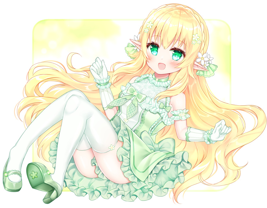 1girl :d ass bangs bare_shoulders blonde_hair blush bow braid breasts commentary_request commission crown_braid dress eyebrows_visible_through_hair flower frilled_dress frills full_body gloves green_bow green_dress green_eyes green_footwear hair_between_eyes hair_flower hair_ornament high_heels highres looking_at_viewer original pointy_ears shikito shoe_soles shoes skeb_commission sleeveless sleeveless_dress small_breasts smile solo thighhighs virtual_youtuber white_flower white_gloves white_legwear