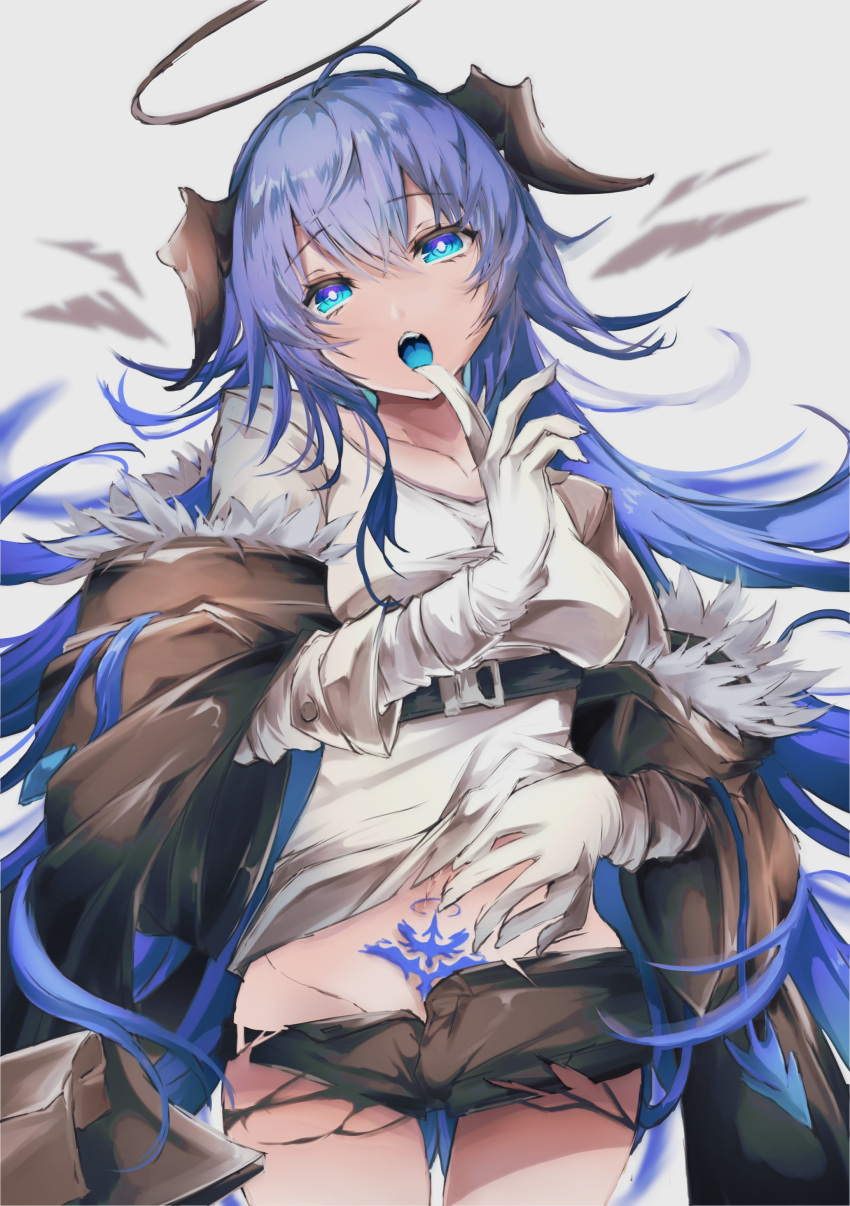 1girl absurdres arknights black_coat black_shorts black_wings blue_eyes blue_hair blue_tongue breasts clothes_lift clothes_pull coat colored_tongue commentary_request cowboy_shot dark_halo energy_wings finger_to_mouth fur-trimmed_coat fur_trim gloves groin halo head_tilt highres horns lifted_by_self long_hair medium_breasts messy_hair midriff mirui mostima_(arknights) navel no_panties off_shoulder open_mouth pubic_tattoo self_exposure shirt shirt_lift short_shorts shorts shorts_pull solo tattoo teasing teeth torn_clothes torn_shorts undressing upper_teeth very_long_hair white_gloves white_shirt wings