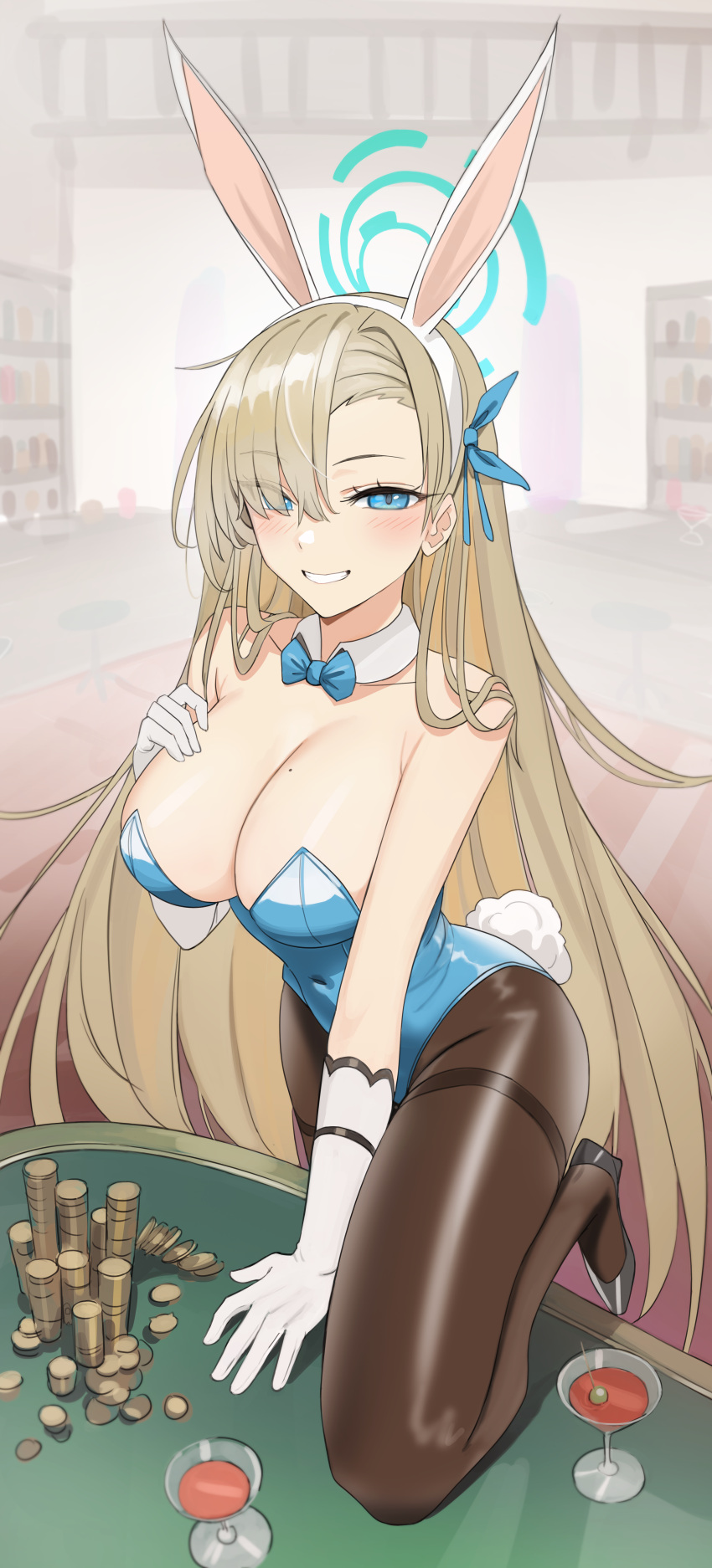 1girl absurdres animal_ears asuna_(blue_archive) asuna_(bunny)_(blue_archive) bare_shoulders blonde_hair blue_archive blue_bow blue_bowtie blue_leotard blue_ribbon blush bow bowtie breasts brown_legwear cleavage cocktail_glass coin covered_navel cup detached_collar drinking_glass eyebrows_visible_through_hair eyes_visible_through_hair fake_animal_ears gloves grin hair_over_one_eye hair_ribbon halo highres kiritzugu knee_up large_breasts leotard long_hair looking_at_viewer mole mole_on_breast on_table pantyhose poker_chip rabbit_ears rabbit_tail ribbon smile solo strapless strapless_leotard table tail thigh_strap very_long_hair white_gloves