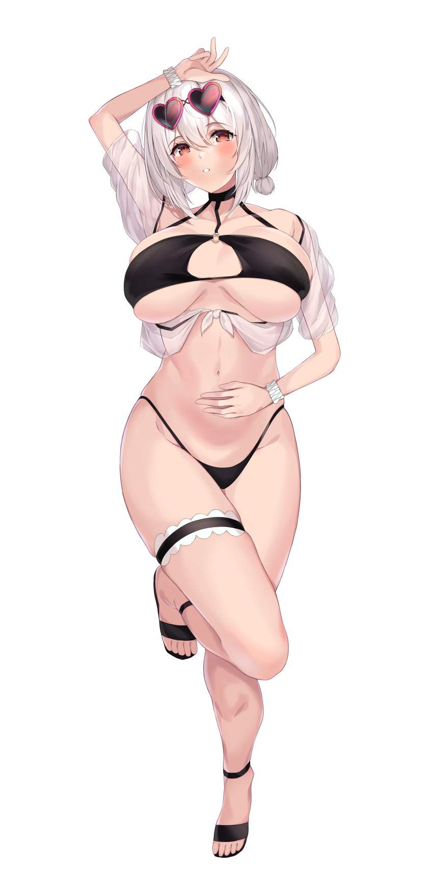1girl absurdres arm_up asm_ln azur_lane bangs bikini black_bikini black_footwear blush breasts breasts_apart collarbone curvy eyebrows_visible_through_hair eyewear_on_head full_body hair_between_eyes hand_on_own_stomach heart heart-shaped_eyewear highres large_breasts looking_at_viewer lying navel o-ring o-ring_top on_back parted_lips red_eyes sandals scrunchie short_hair sirius_(azur_lane) sirius_(scorching-hot_seirios)_(azur_lane) solo sunglasses swimsuit thigh_strap transparent_background white_hair white_scrunchie wrist_scrunchie