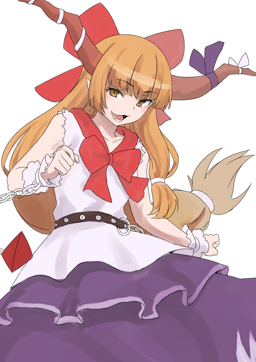 1girl :d bangs belt bow chain cuffs eyebrows_visible_through_hair hair_bow highres horn_ornament horn_ribbon horns ibuki_suika kakone long_hair looking_at_viewer low-tied_long_hair lower_teeth oni oni_horns open_mouth orange_hair pointy_ears red_bow ribbon shirt skirt sleeveless sleeveless_shirt smile solo teeth touhou very_long_hair white_background white_shirt wrist_cuffs