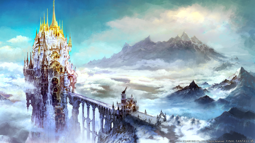 above_clouds architecture artist_request bridge building city cloud copyright copyright_name day fantasy final_fantasy final_fantasy_xiv gate highres in-universe_location landscape mountain mountainous_horizon no_humans official_art outdoors scenery sky spire