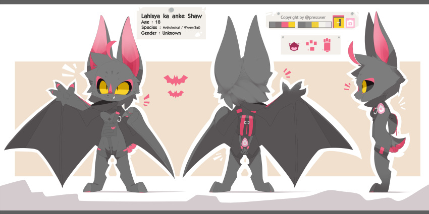 2022 2:1 3_fingers 3_toes alternate_version_at_source anthro artist_name black_jumpsuit black_nose black_pupils black_sclera border breasts buckle character_name chiropteran claws clothing color_swatch cowlick cross_section cute_fangs digital_media_(artwork) english_text exclamation eye_markings facial_markings featureless_breasts feet female fingers fluffy fluffy_tail forehead_markings front_view furgonomics gesture grey_body grey_clothing grey_ears grey_markings grey_tail hair harness head_markings hi_res jumpsuit lahisya_(presto) long_ears mammal markings membrane_(anatomy) membranous_wings model_sheet multicolored_body multicolored_tail navel outline parachute pawpads pink_body pink_hair pink_inner_ear pink_markings pink_pawpads pink_tail pink_tongue pose presto_(artist) pupils rear_view short_tail side_view simple_background snout solo standing straps symbol tan_background text toes tongue uniform white_background white_border winged_arms wings x_navel yellow_eyes