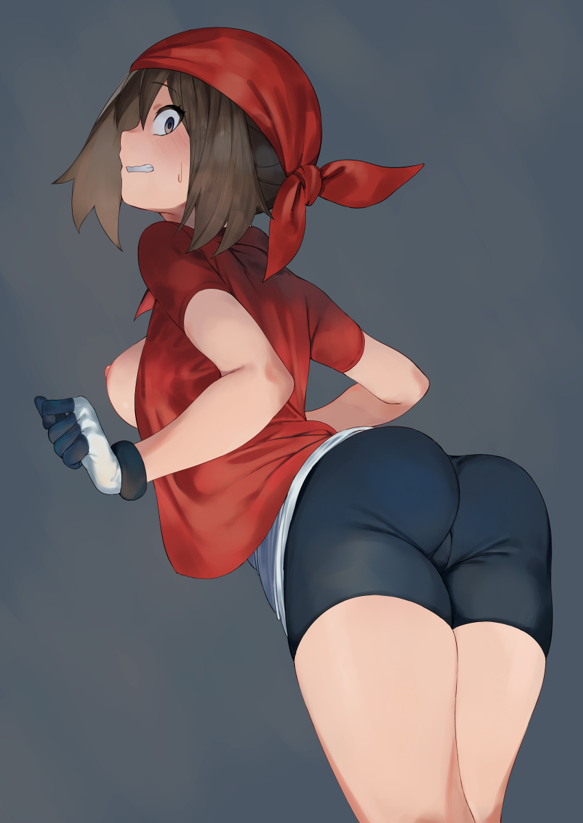 1girl absurdres ass bandana bangs bike_shorts blush breasts breasts_out brown_eyes brown_hair cameltoe clenched_hand clenched_teeth commentary_request gloves grey_background highres keiz leaning_forward looking_back may_(pokemon) medium_hair nipples open_clothes open_shirt pokemon pokemon_(game) pokemon_rse red_bandana red_shirt shirt short_sleeves solo sweatdrop teeth wedgie