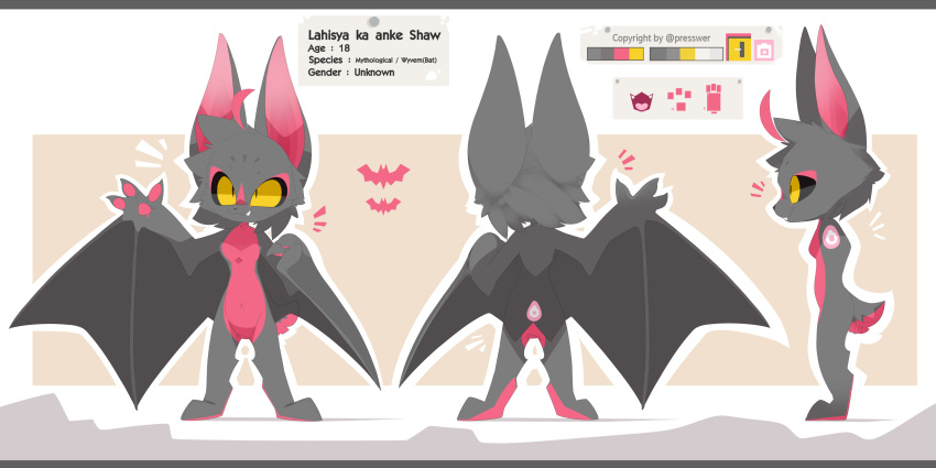 2022 2:1 3_fingers 3_toes alternate_version_at_source anthro artist_name black_nose black_pupils black_sclera border breasts character_name chiropteran claws color_swatch cowlick cross_section cute_fangs digital_media_(artwork) english_text exclamation eye_markings facial_markings featureless_breasts feet female fingers fluffy fluffy_tail forehead_markings front_view gesture grey_body grey_ears grey_markings grey_tail hair head_markings hi_res lahisya_(presto) long_ears mammal markings membrane_(anatomy) membranous_wings model_sheet multicolored_body multicolored_tail navel outline pawpads pink_body pink_hair pink_inner_ear pink_markings pink_pawpads pink_tail pink_tongue pose presto_(artist) pupils rear_view short_tail side_view simple_background snout solo standing symbol tan_background text toes tongue white_background white_border winged_arms wings x_navel yellow_eyes