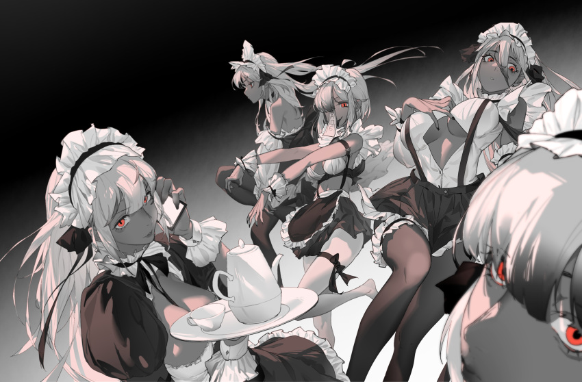 5girls absurdres apron black_dress black_legwear black_skirt breasts cellphone cleavage closed_mouth colored_skin dm_(dai_miao) dress frilled_apron frilled_dress frilled_hairband frills grey_hair grey_skin greyscale hairband highres holding holding_phone large_breasts leg_garter long_sleeves maid medium_breasts monochrome multiple_girls original outstretched_arms pantyhose parted_lips partially_unbuttoned phone puffy_sleeves red_eyes shirt skirt smartphone suspender_skirt suspenders tongue tongue_out waist_apron white_shirt wrist_cuffs